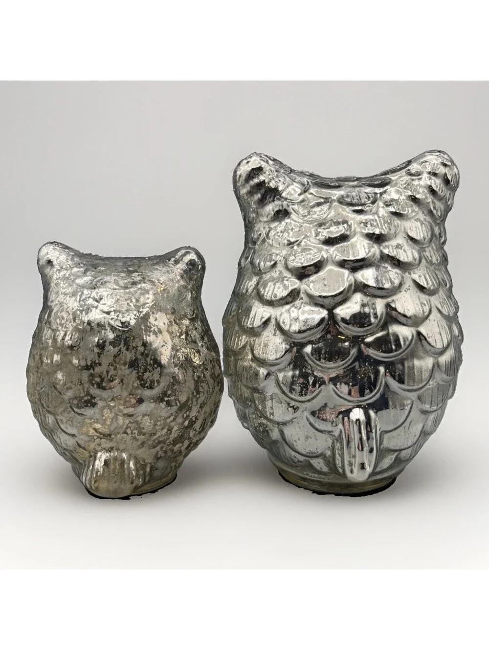 West Elm Mercury Glass Owl Pair Silver Vintage Style Woodland Home Decor Set